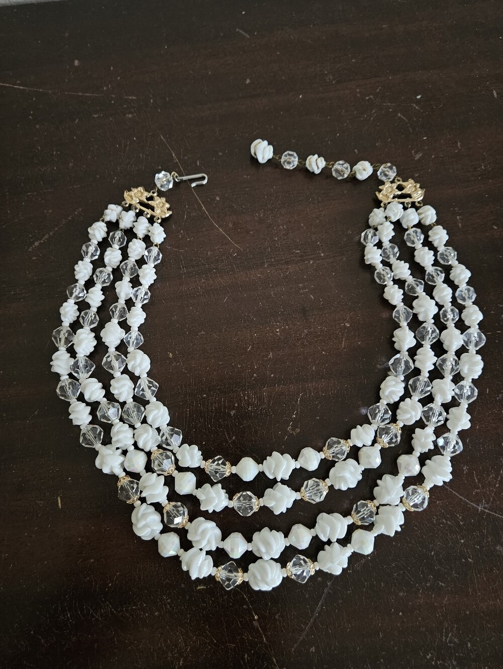 Vintage 4 Strand White Molded Clear Bead  Necklace Crystal Rondelle Floral Clasp